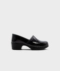 Black patent leather clog shoe on a white background