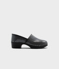 Black clog shoe on a light gray background