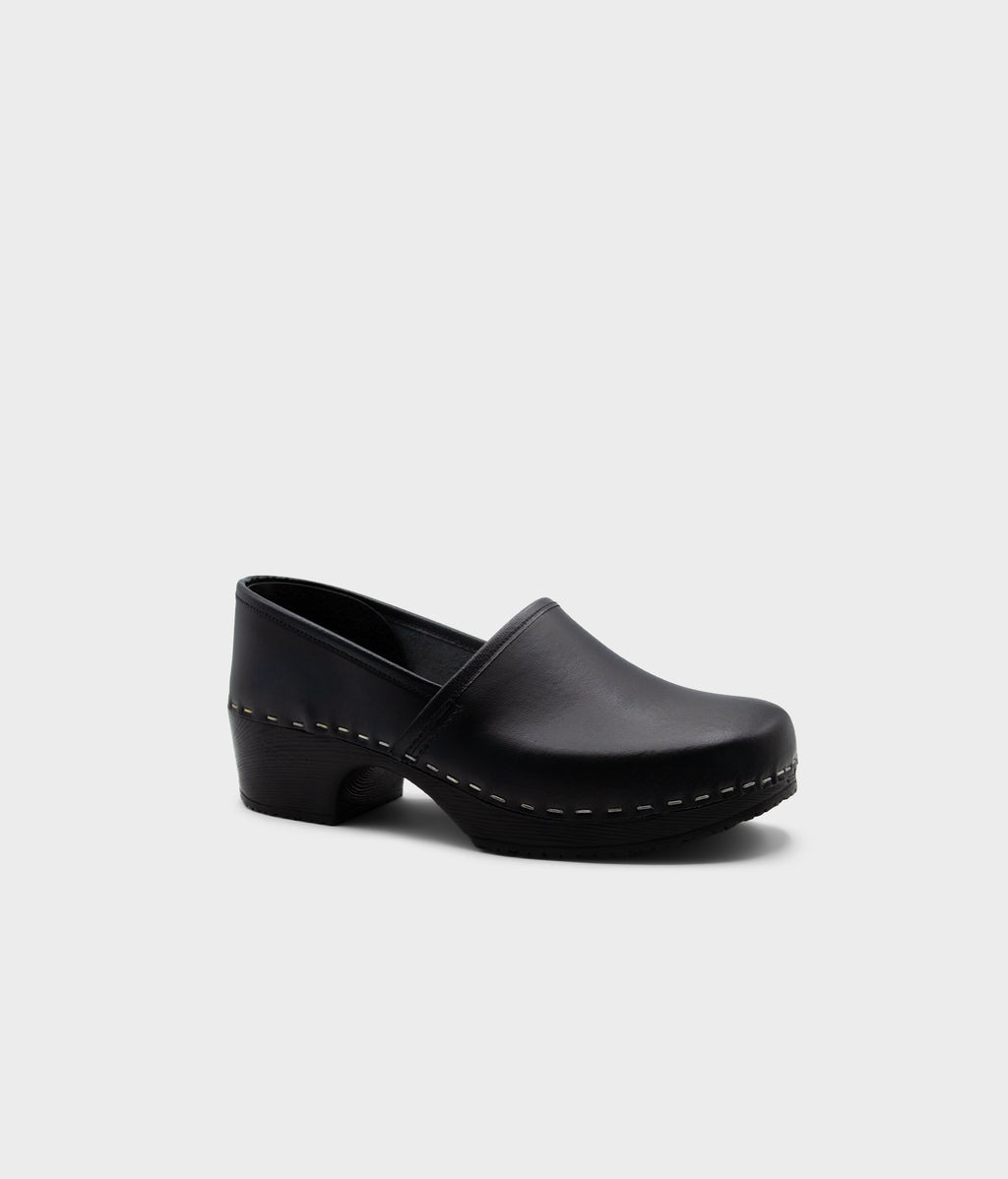 Black clog shoe on a light gray background