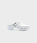 White clog shoe on a light gray background