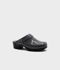 Grey clog shoe with a strap on a light gray background